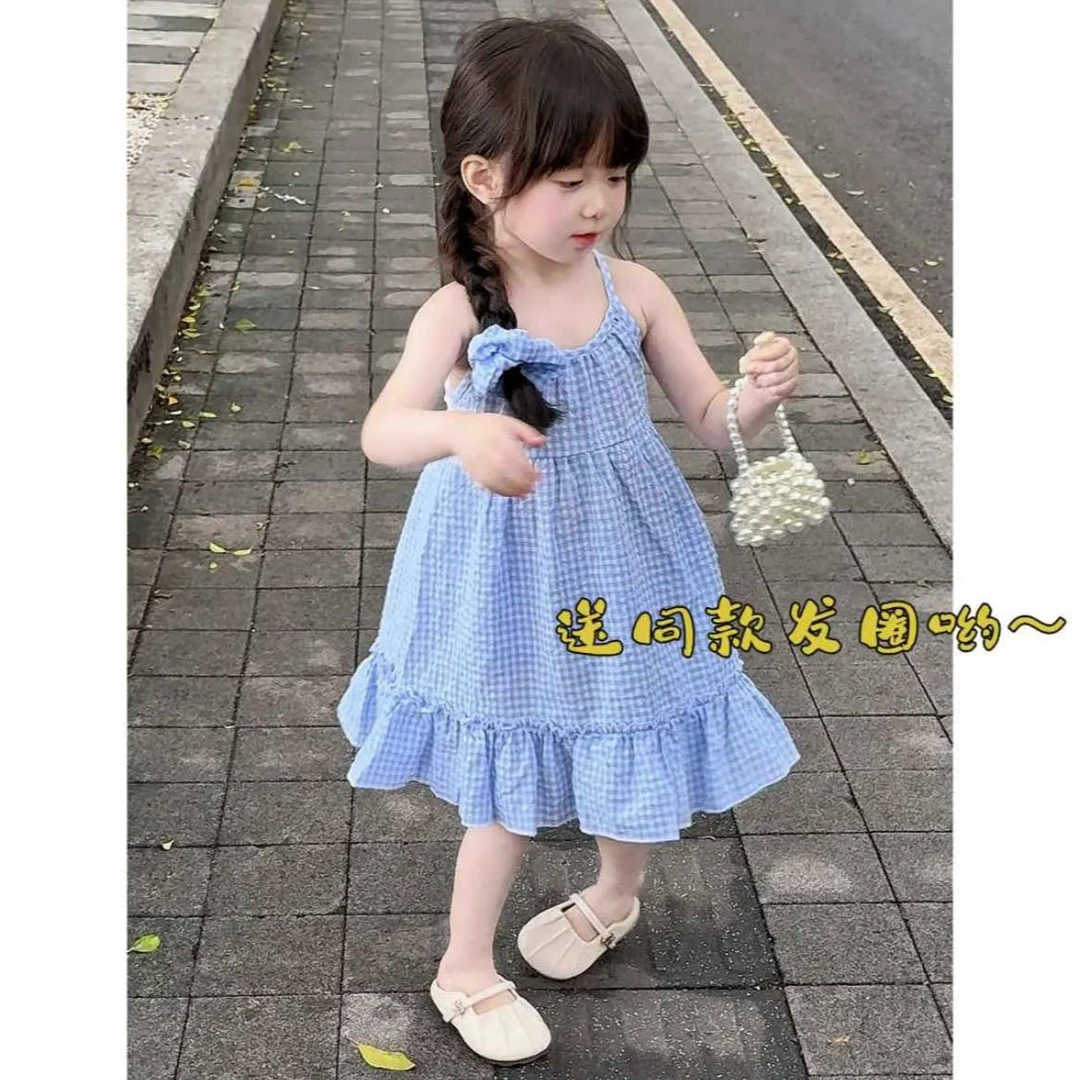 MUMUWU女童夏季原创设计海边度假风蕾丝花边露背格子吊带连衣裙