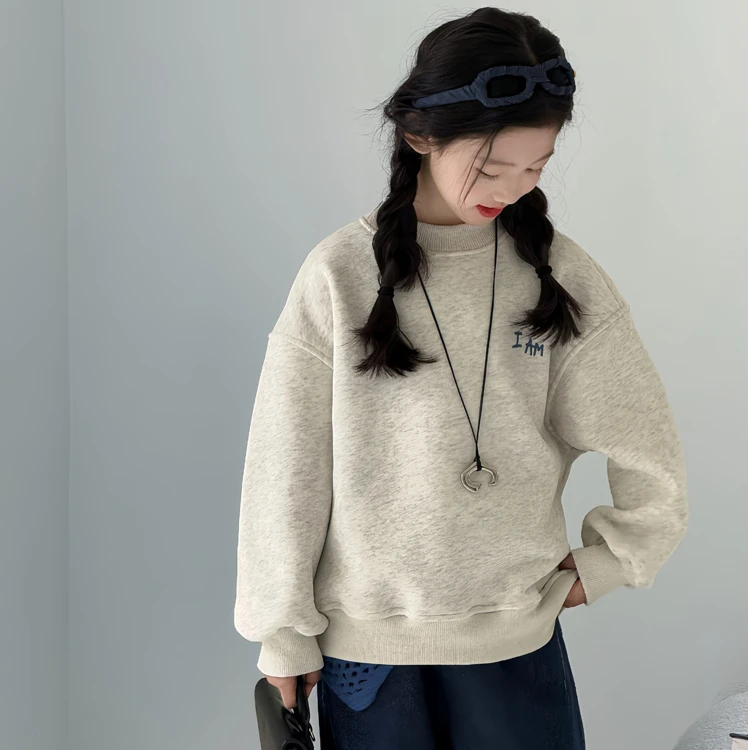 女童加绒卫衣秋冬款2025新款洋气儿童时尚字母圆领女孩冬季打底衫