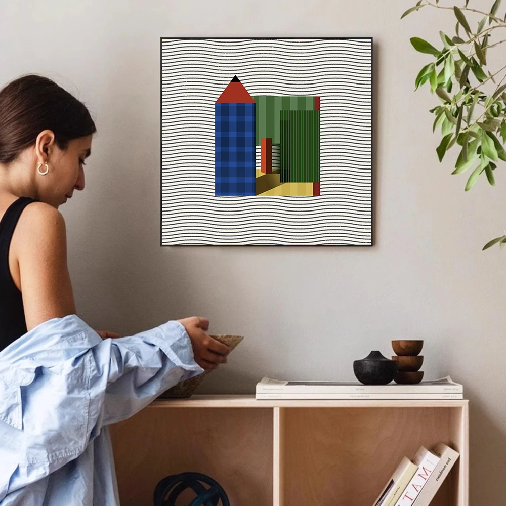 法式极简中古风包豪斯撞色几何设计复古格纹装饰画工作室桌面摆画