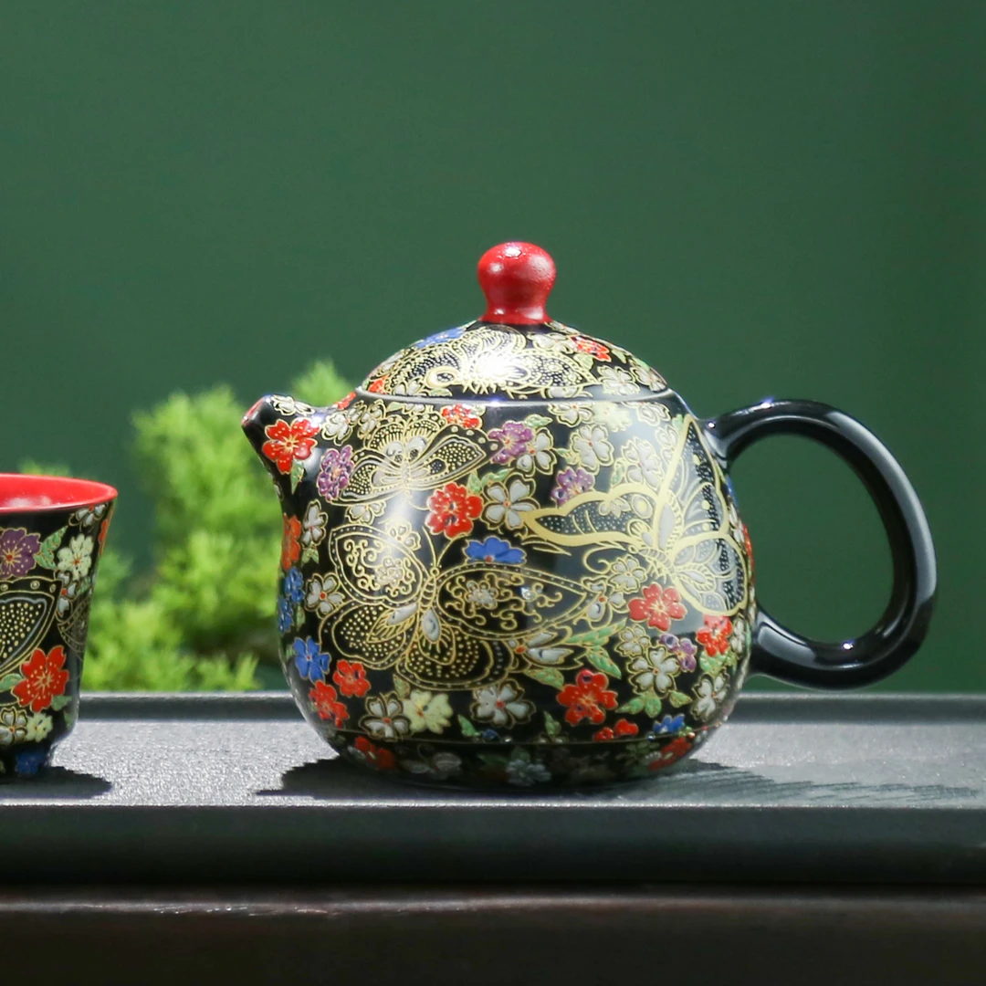 成艺锦韵蝴蝶掐丝珐琅彩复古中式龙胆壶精美描金家用陶瓷泡茶壶