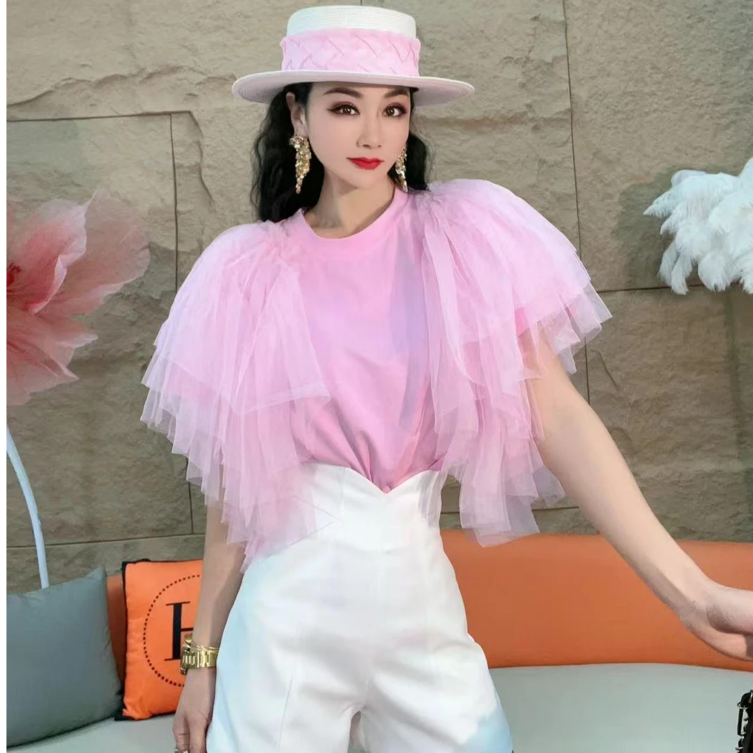 310【凡家衣橱】夏季新款时尚气质百搭网纱拼接荷叶边T恤