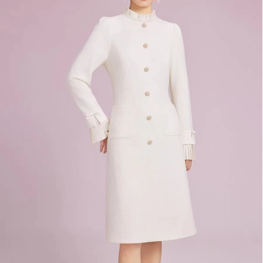 【拉】连衣裙小香风气质白色时尚毛呢中长款修身秋冬