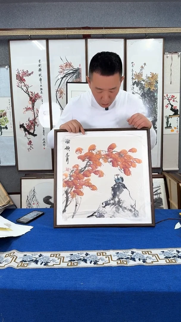 国画叶来红 实木装裱53*53
