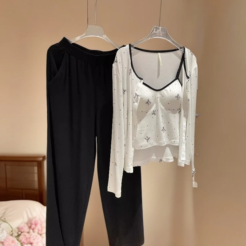 小香风蝴蝶结吊带睡衣三件套女2025新款纯欲风带新中式居家睡衣