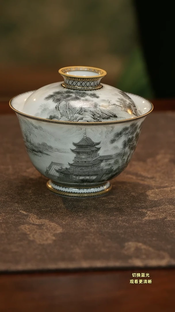 陶鸭*嗝手绘重工岳阳楼盖碗