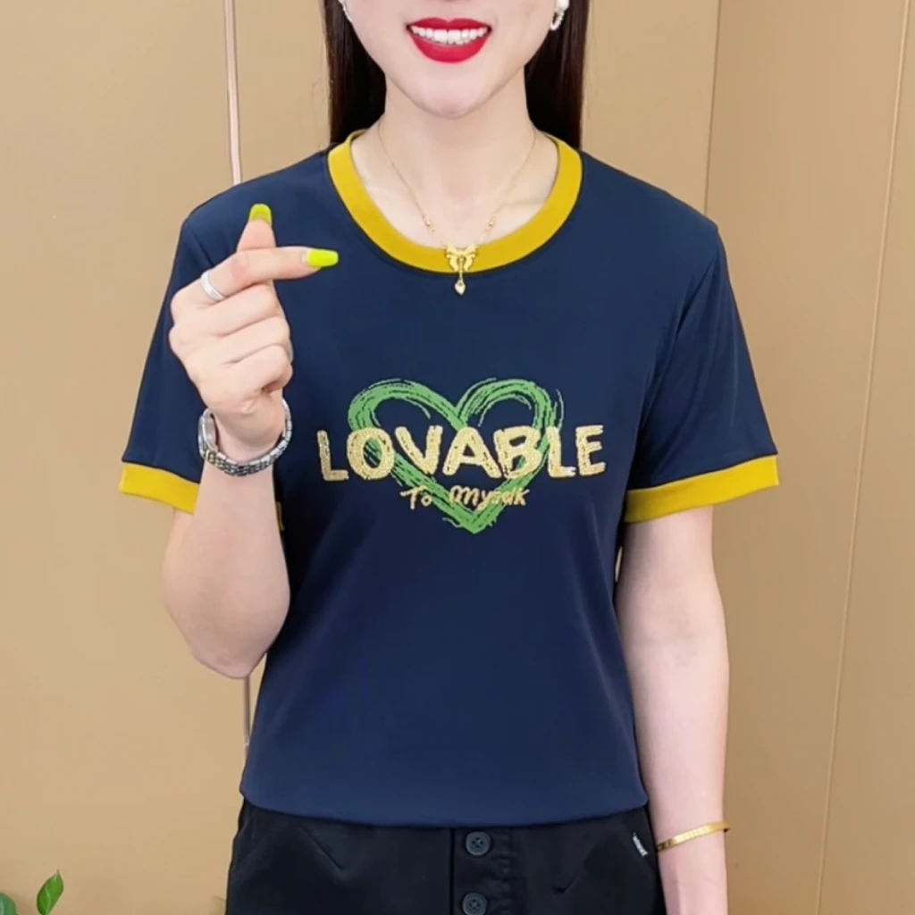 夏季新款撞色圆领洋气韩版T恤休闲百搭气质减龄女士短袖上衣M9906