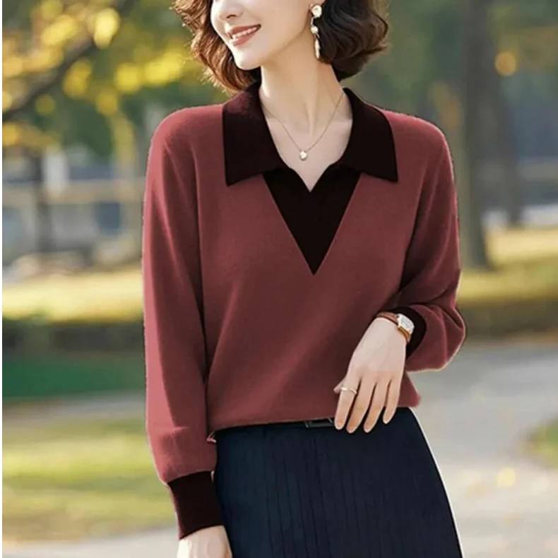 秋天上衣女新款时尚气质法式百搭POLO领显瘦减龄绝美针织毛衣小衫