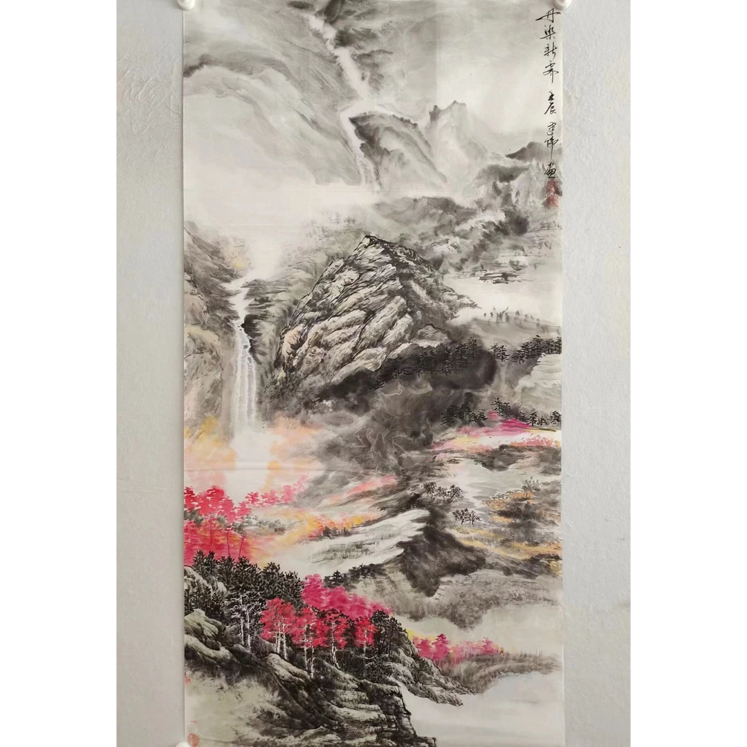 1631纯手绘老字画《丹染新奇》中堂  尺寸：137×68