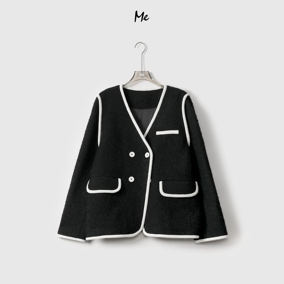 ME【小香外套】新款小香风气质黑色拼接绵羊毛短款外套MEQC1577