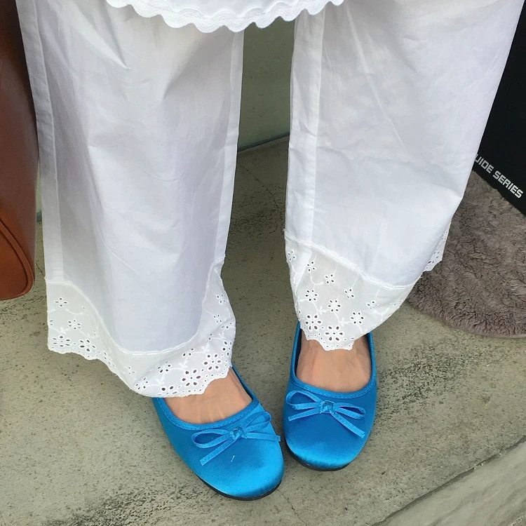 内增高法式蝴蝶结圆头缎面芭蕾舞单鞋女小蓝鞋温柔风一脚蹬平底鞋