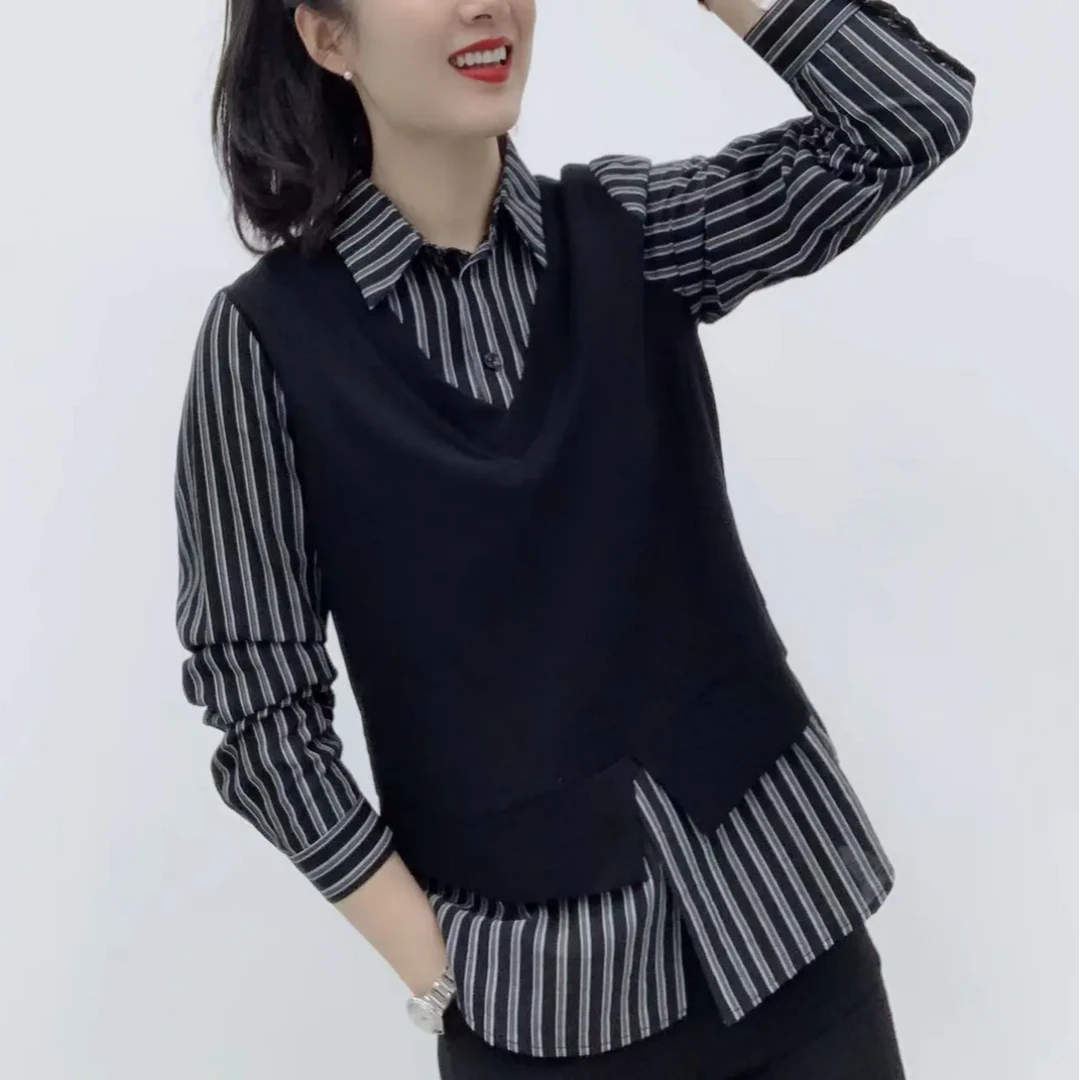 【茶芙巷】春秋新款假两件拼接长袖衬衫女士条纹时尚洋气【ZS】