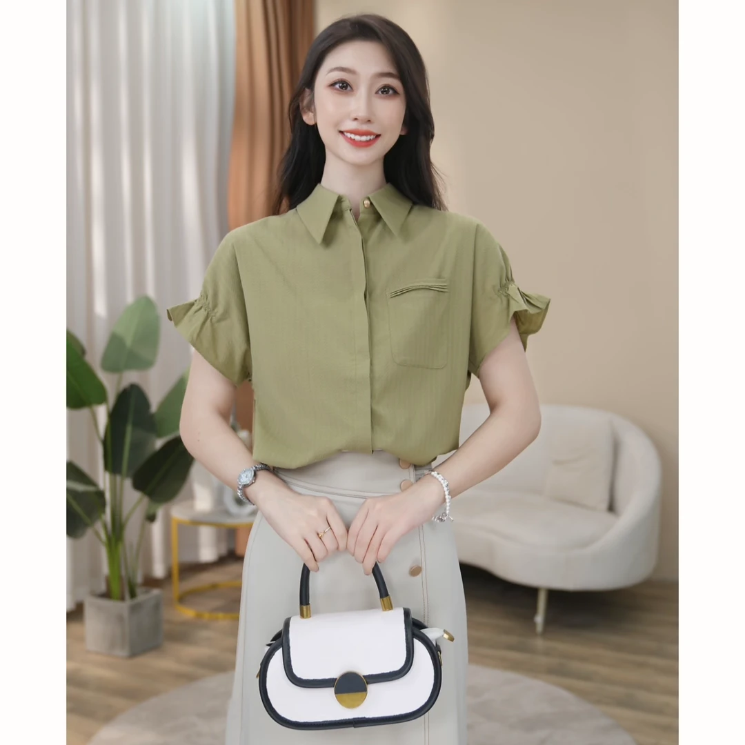 【曼贝】气质风短袖衬衫女时尚百搭设计感职业衬衫女8292032【甜甜】