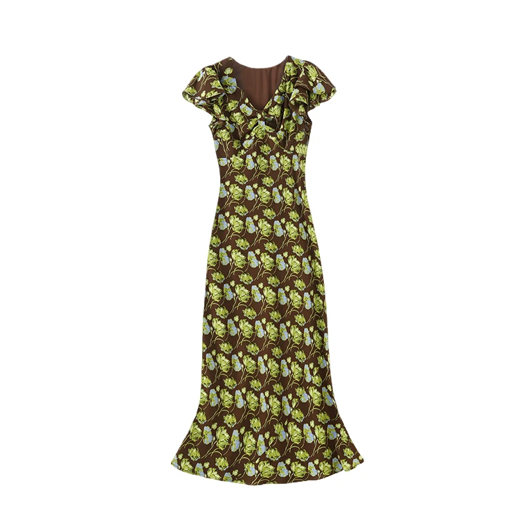 清新度假风V领收腰显瘦印花连衣裙3272