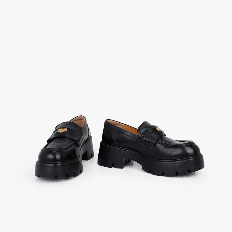 厚底乐福鞋女2025新款小个子增高黑色复古金币鞋