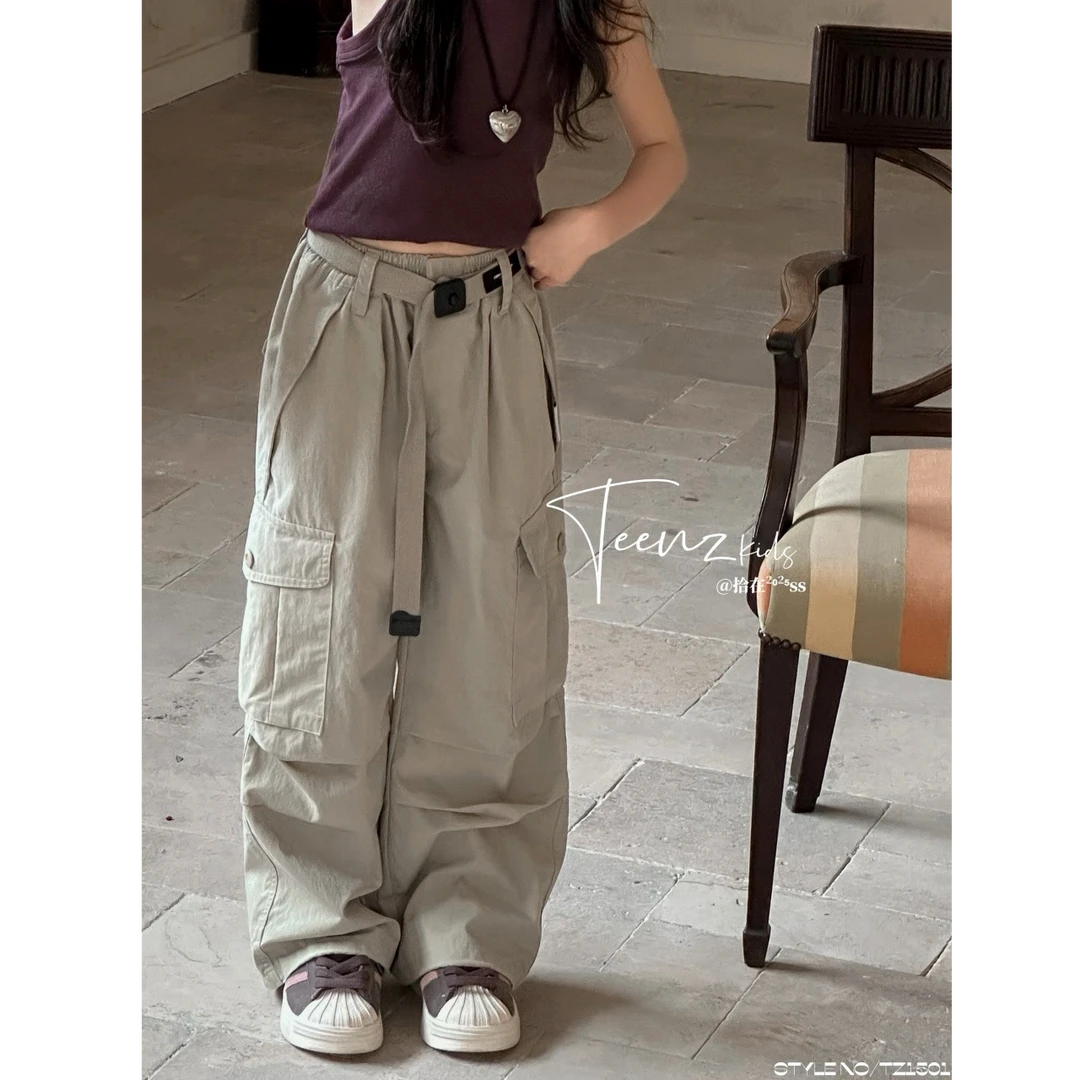 春夏薄款儿童男女中大童亲子大口袋直筒工装裤休闲裤百搭宽松