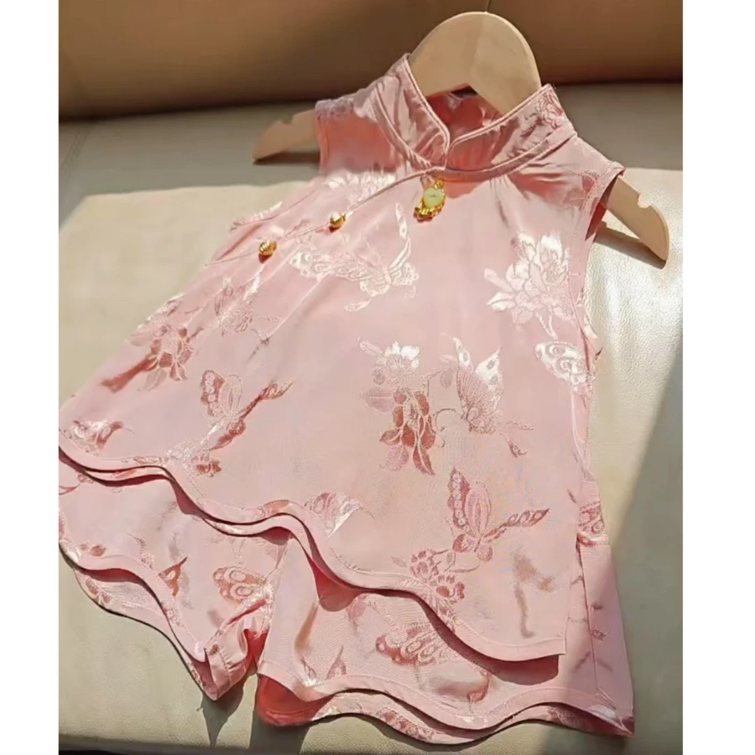 现货（温婉高档人丝）SC063新中式女童夏季2025无袖套装旗袍套装