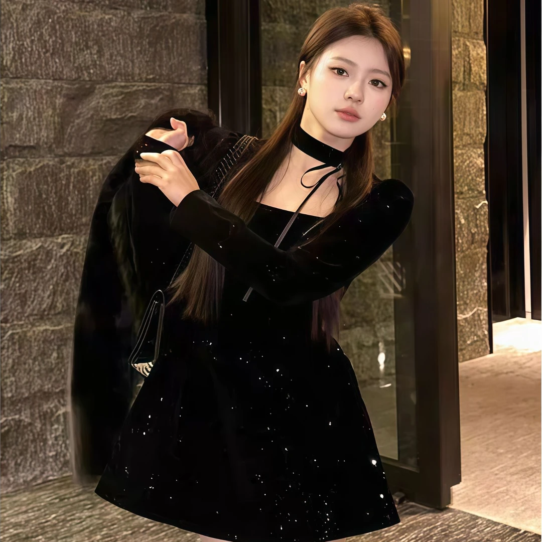 法式小香风细闪丝绒长款黑色显瘦连衣裙年会礼服晚礼服a字裙秋冬