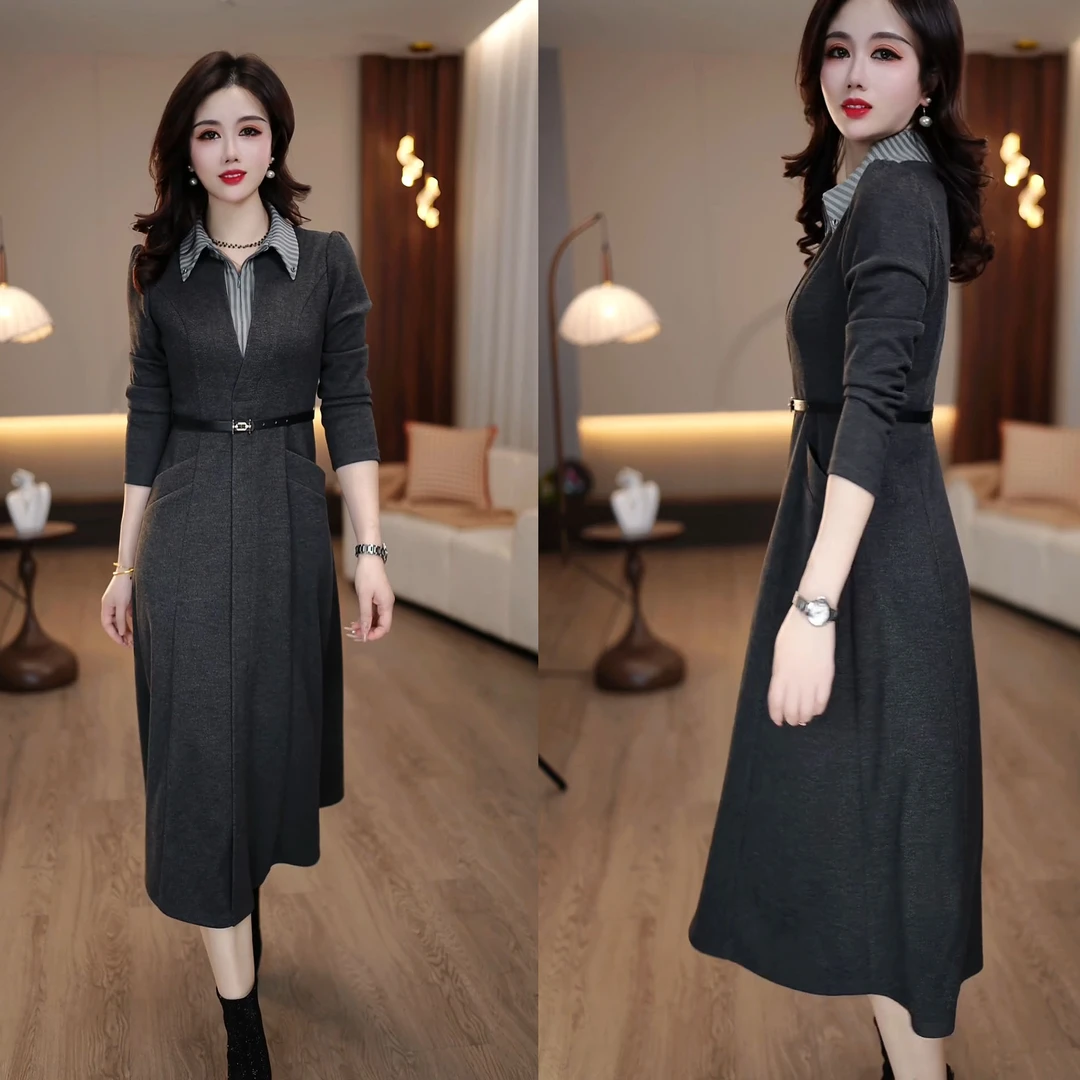 2024秋冬新款复古灰色拼接格纹冬季大气简约干练打底假两件连衣裙