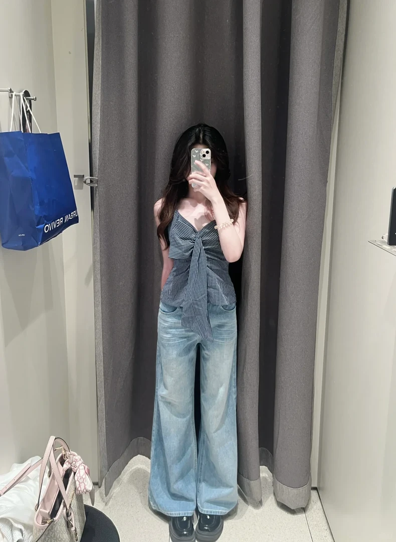 2025夏季新款韩系穿搭一整套女格纹蝴蝶结背心女搭配牛仔裤两件套