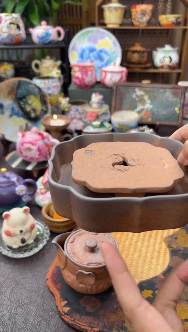 粗陶四方粗陶祥云壶承