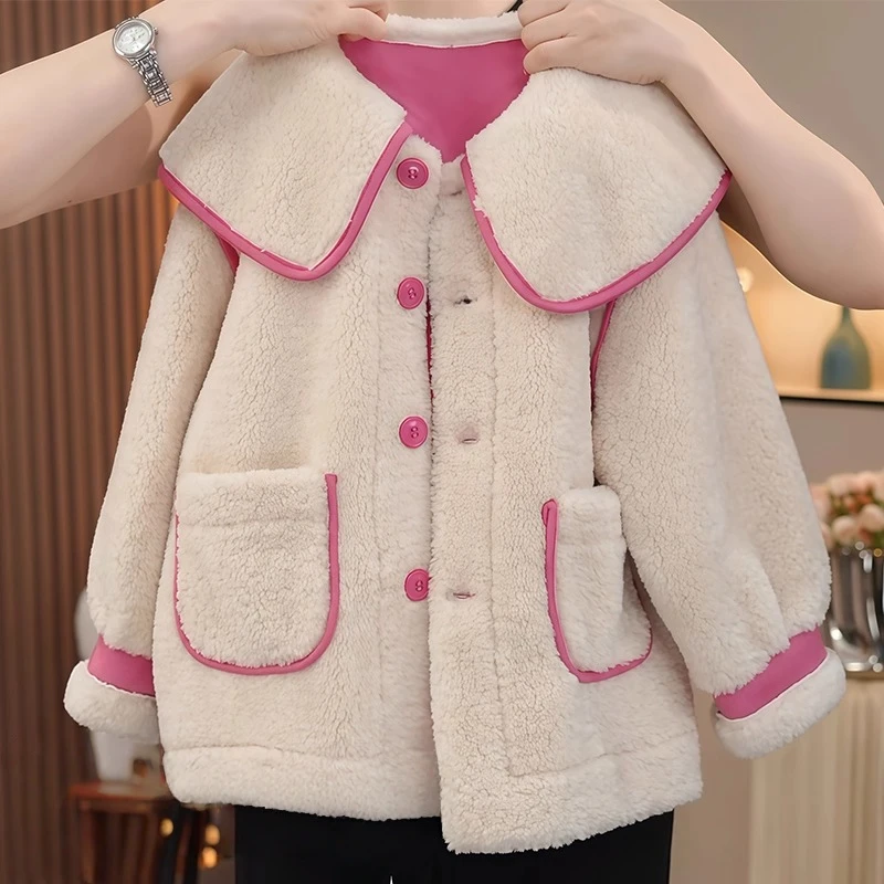 女童皮毛一体毛毛衣外套2025新款秋冬款中长款卡通小熊加厚时尚潮