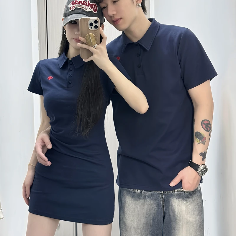 超火情侣装夏季新款刺绣polo领短袖T恤包臀连衣裙法式一裙一衣ins