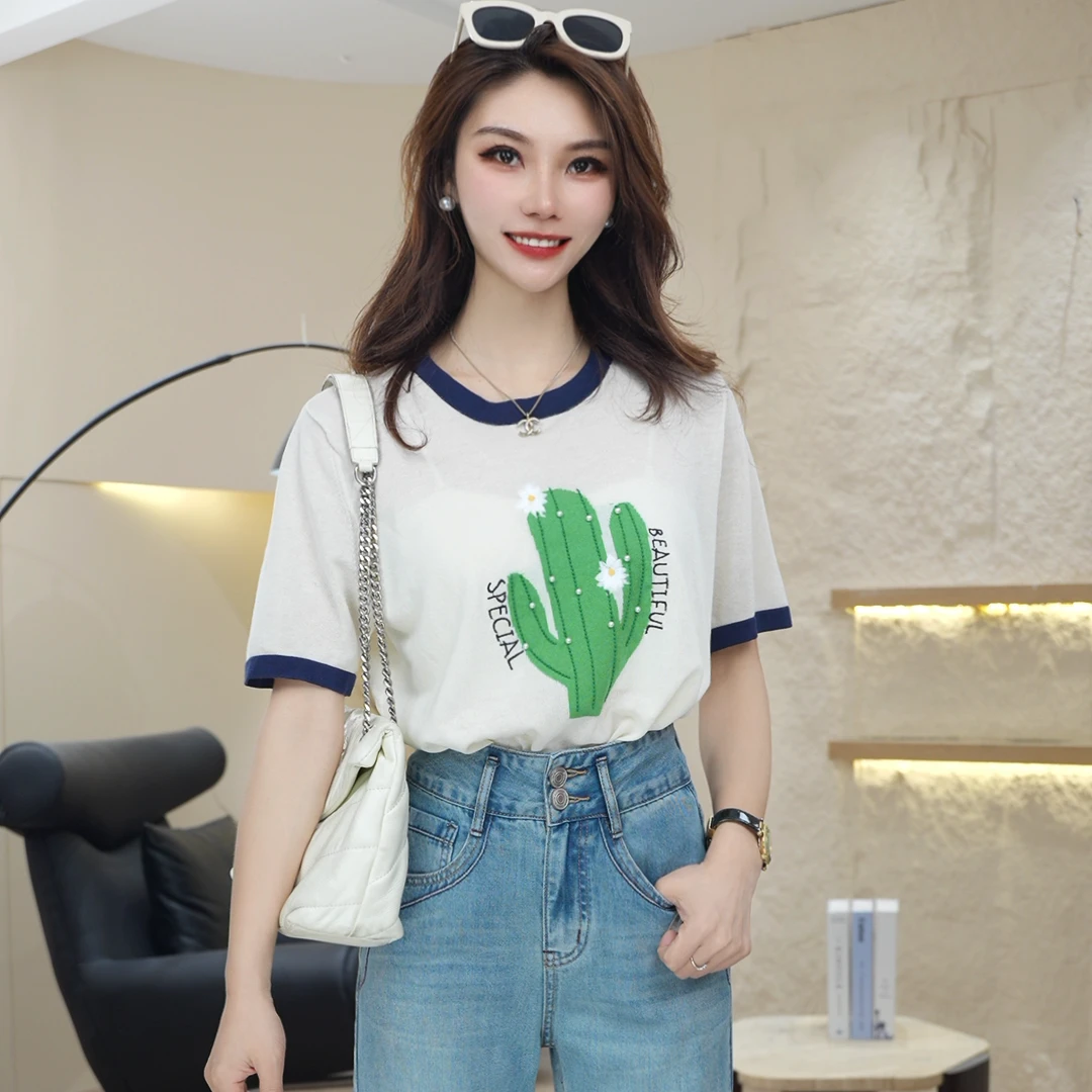 2025夏季新款韩版宽松显瘦圆领仙人掌短袖T恤女时尚减龄上衣H562