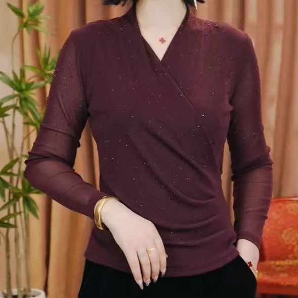 春季新款烫钻时尚洋气百搭气质长袖小衫网纱显瘦女士V领打底衫