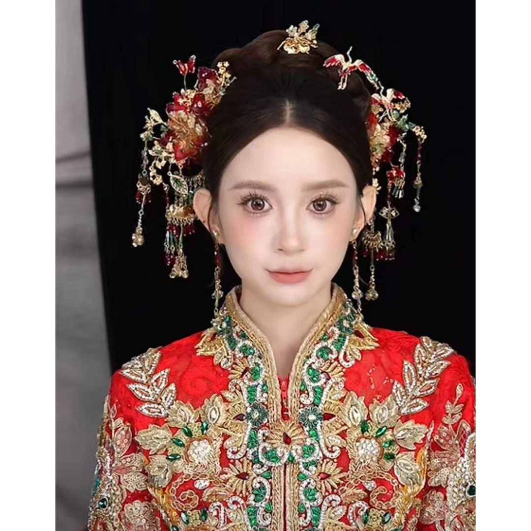 202新款重工精美红绿中式新娘结婚饰品369