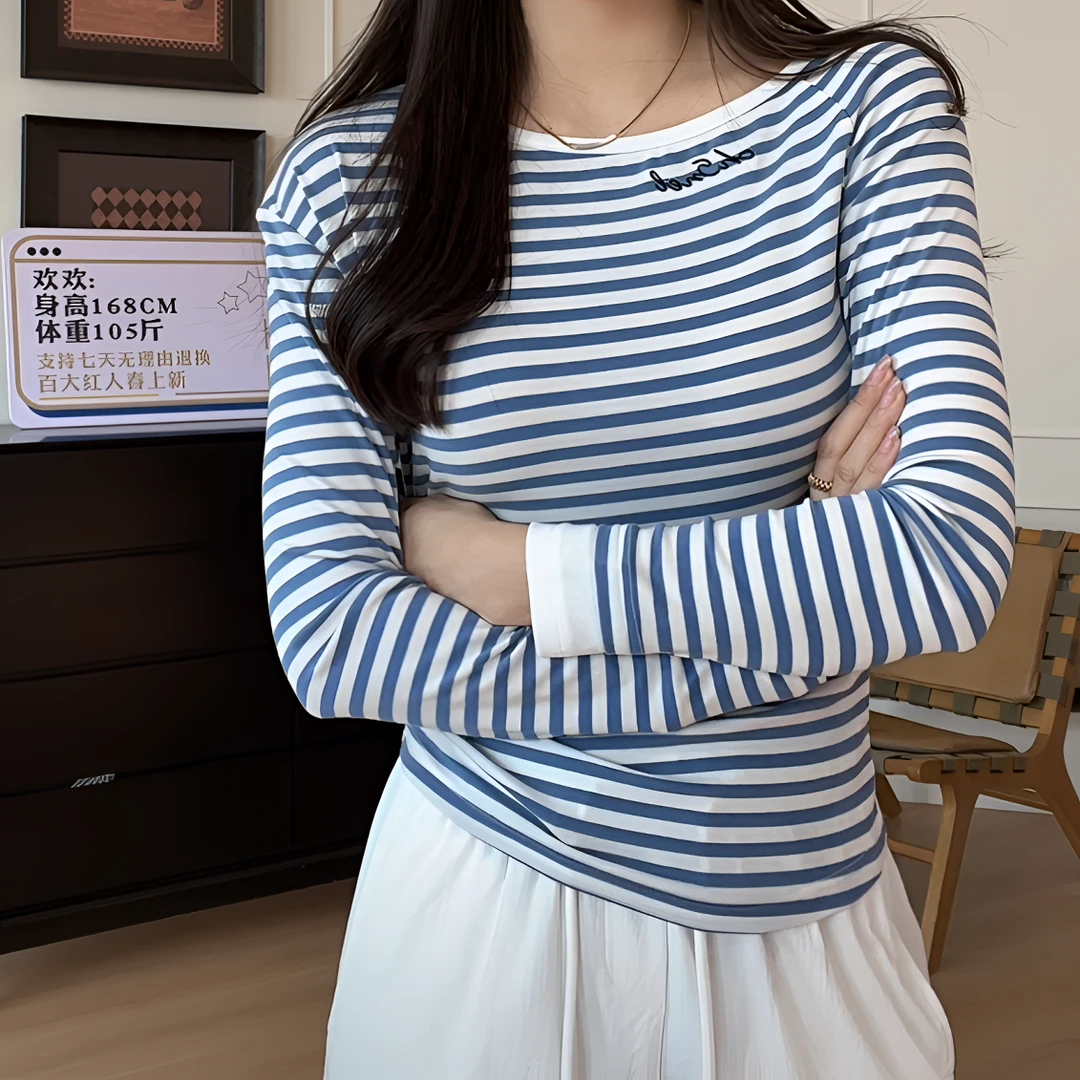 【YHH】春夏休闲百搭小清新简约少女长袖条纹刺绣打底衫-YHW50203