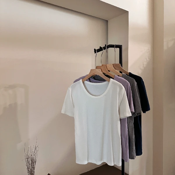 韩系时尚休闲显瘦时尚百塔设计感小银豆纯色短袖T-M25201396