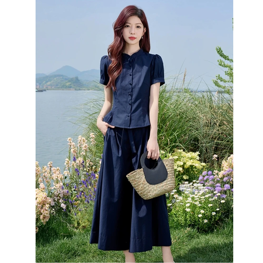 〈纪朵研〉0926时尚高端气质藏青色夏季收腰裙裤两件套