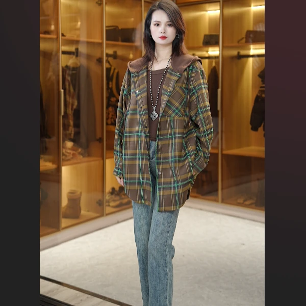 长袖复古衬衫上衣2025春季新款宽松格纹洋气衬衣25022201