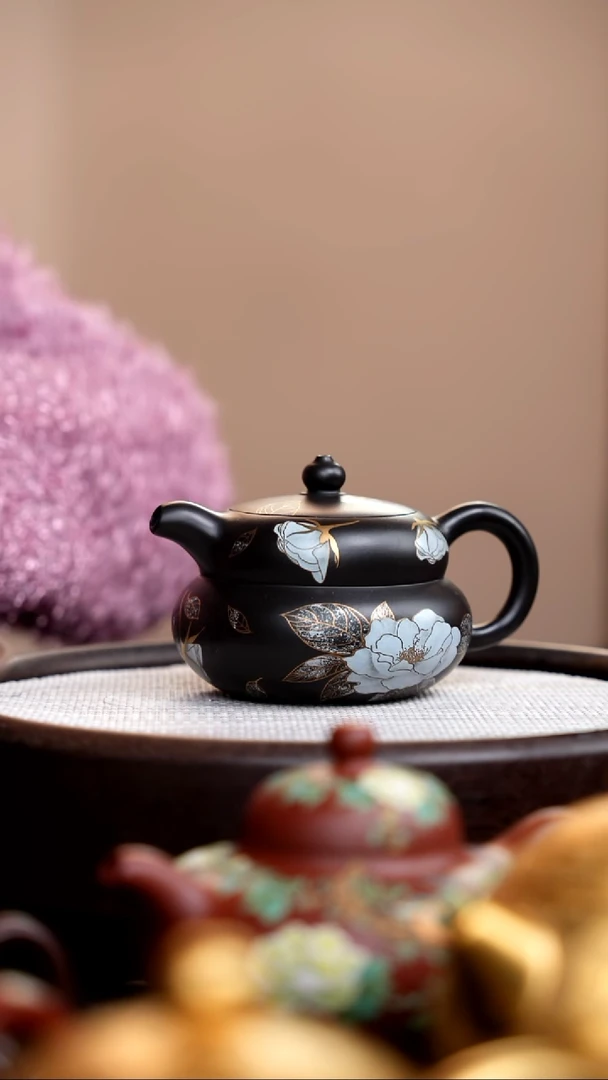 茶壶紫砂捂灰朱泥银牡丹葫芦