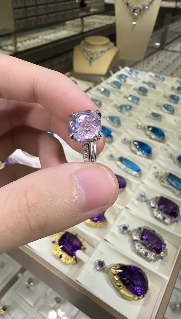 银S925镶嵌戒指水晶紫玉晶10mm玫瑰款