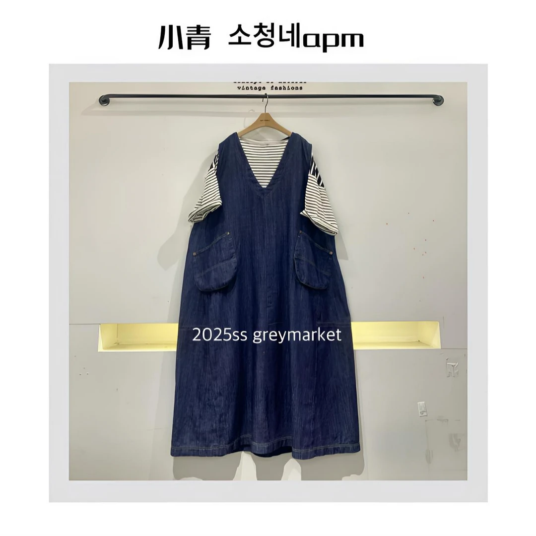 韩国东大门 蝴蝶结/V领大口袋牛仔背心裙