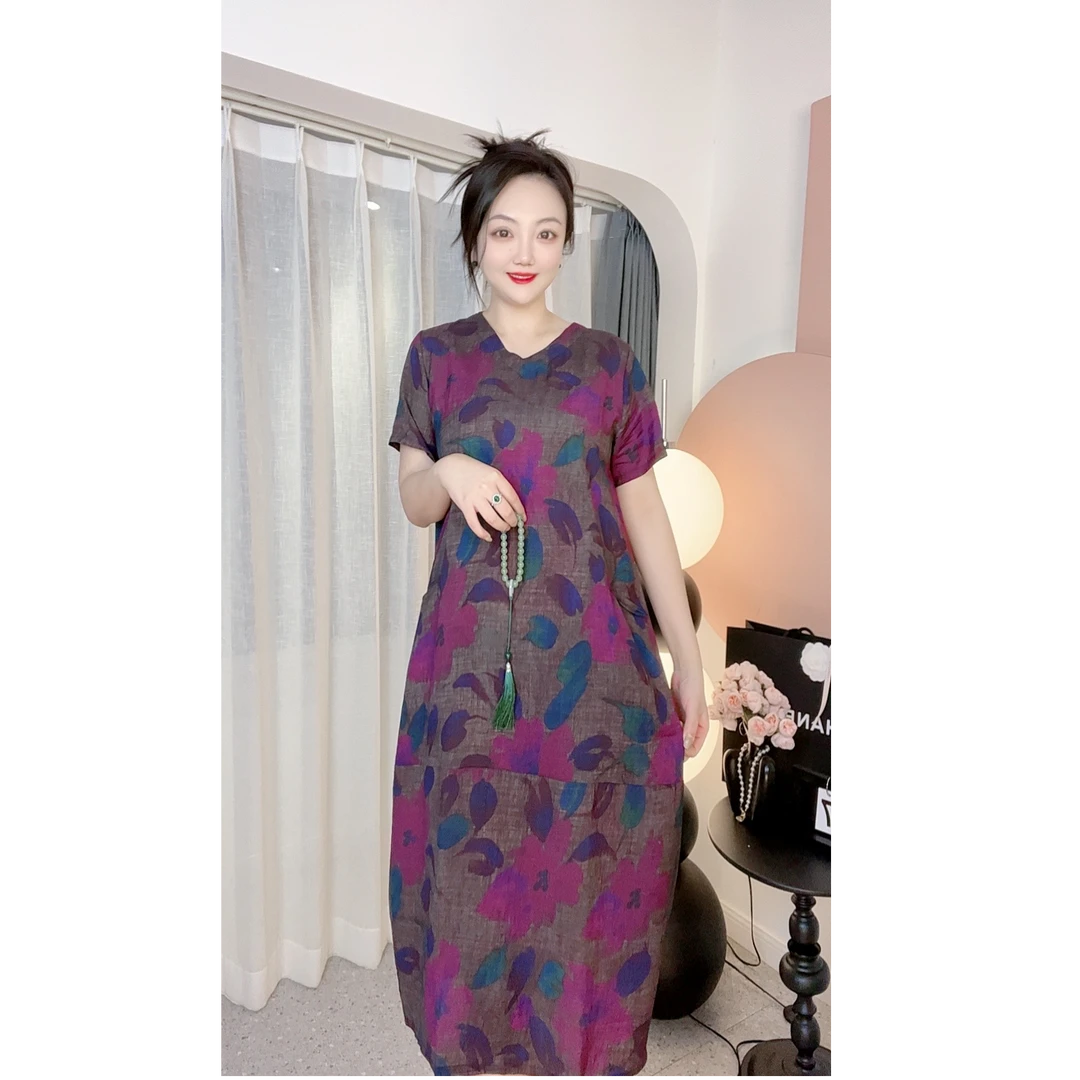 2024新款中国风常熟新中式肉复古显瘦女茧型丝麻连衣裙 2687紫色