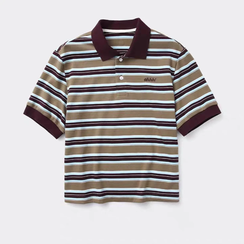 Ahhh 25夏季新款撞色条纹polo衫女复古可露丽风宽松短袖T恤