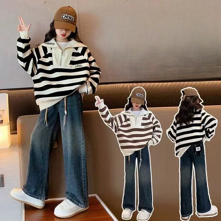 502053《现》韩版春季儿童休闲舒适条纹日常百搭翻领卫衣