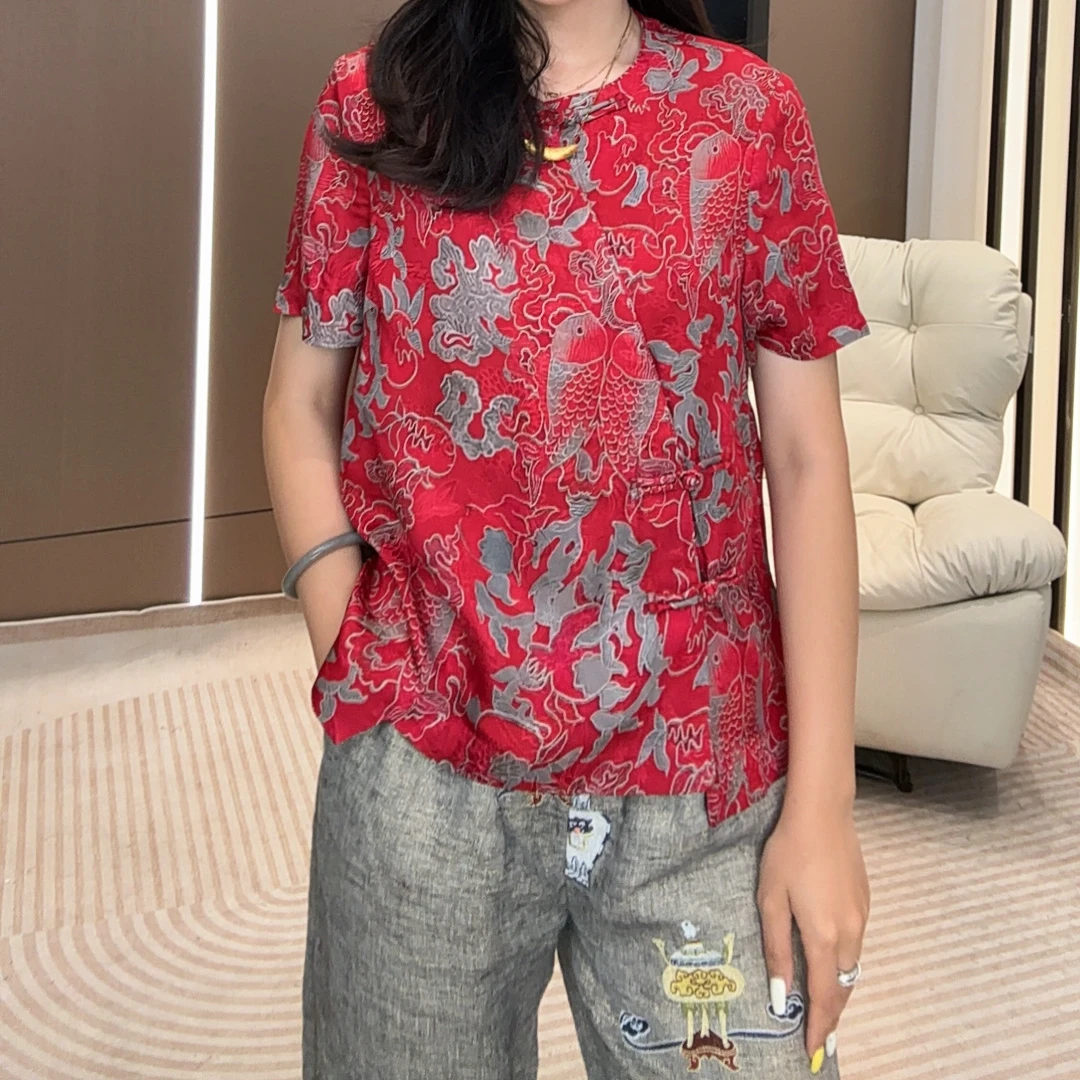 【米朵家】夏季新款新中式国风时尚斜襟女士短袖上衣
