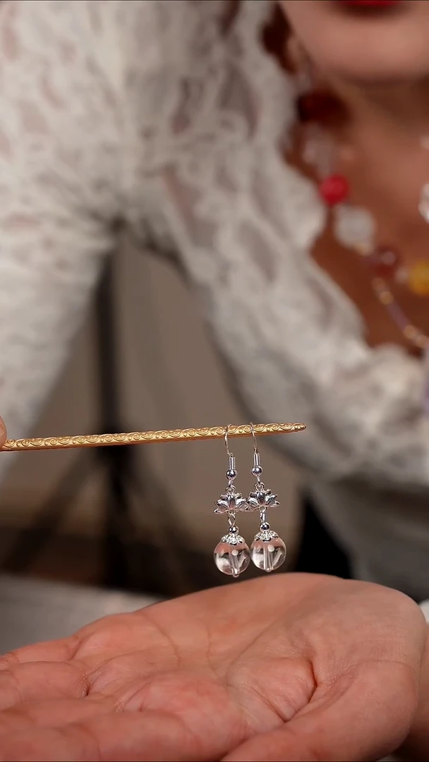 水晶摆件银S925镶嵌天然白水晶耳坠03