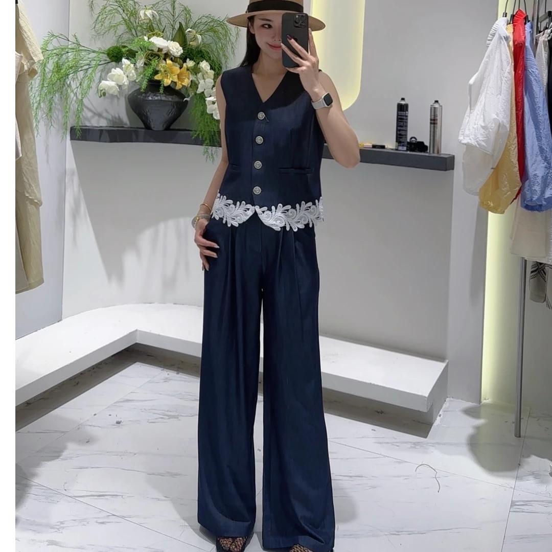 【梅梅定制】欧货时尚V领拼接蕾丝2025年新款马甲阔腿裤休闲套装880