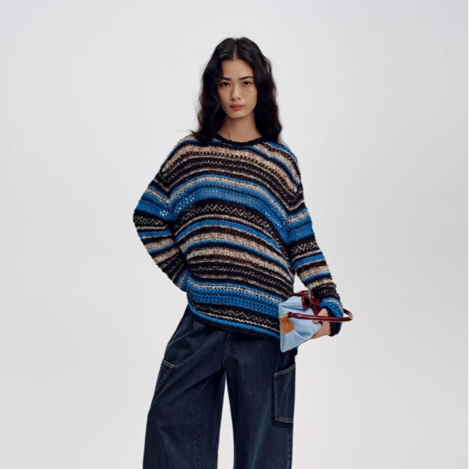 【SHORT SENTENCE】25春夏KW50-BL52 设计师花式纱撞色镂空针织上衣