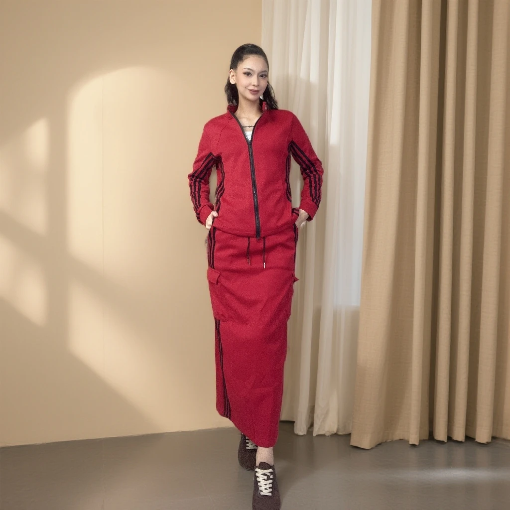 2025年女士中国风时尚保暖半身裙冬季上衣休闲红色套装女秋冬卫衣