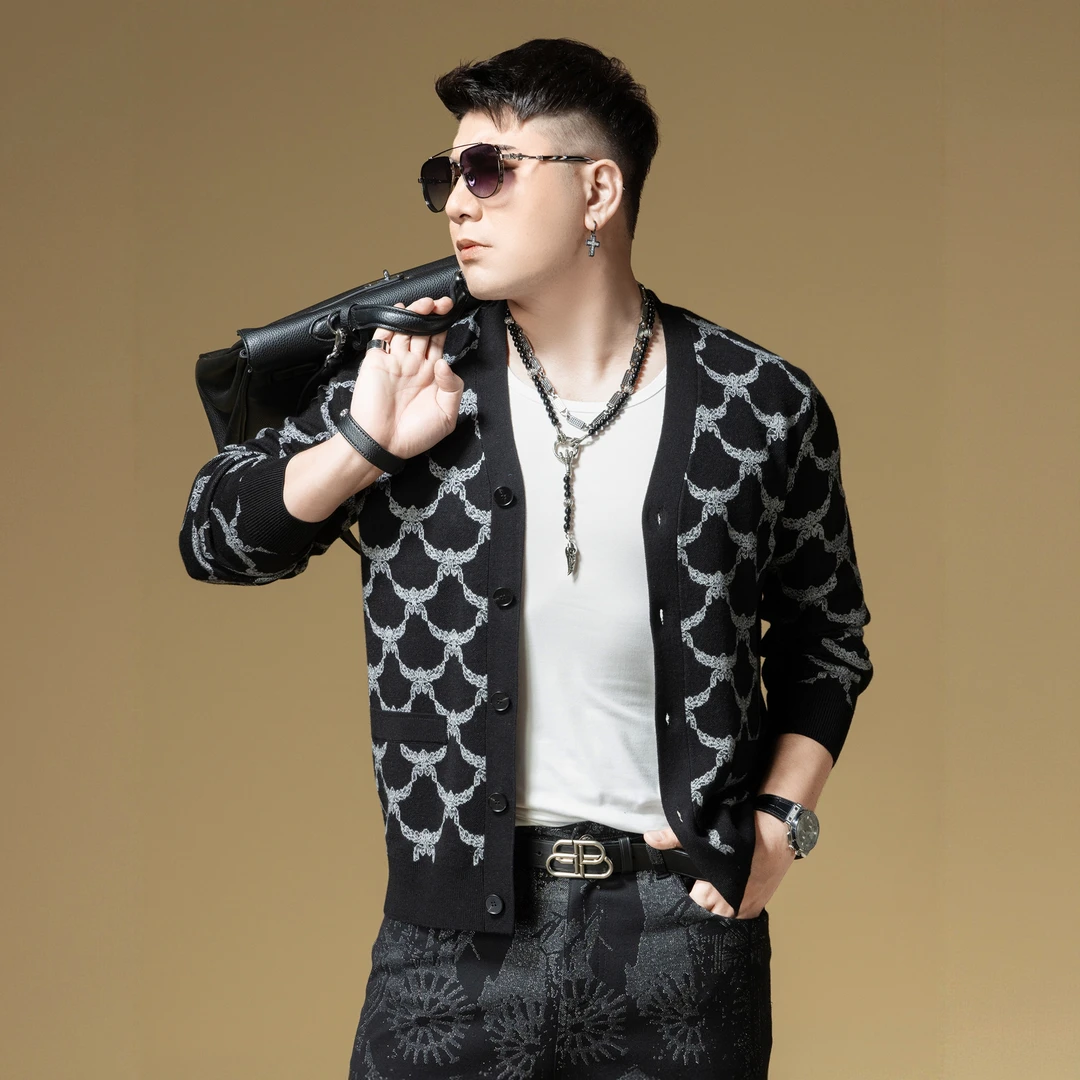 水波纹提花潮流开衫针织衫男士高端羊毛毛衣秋季外套男