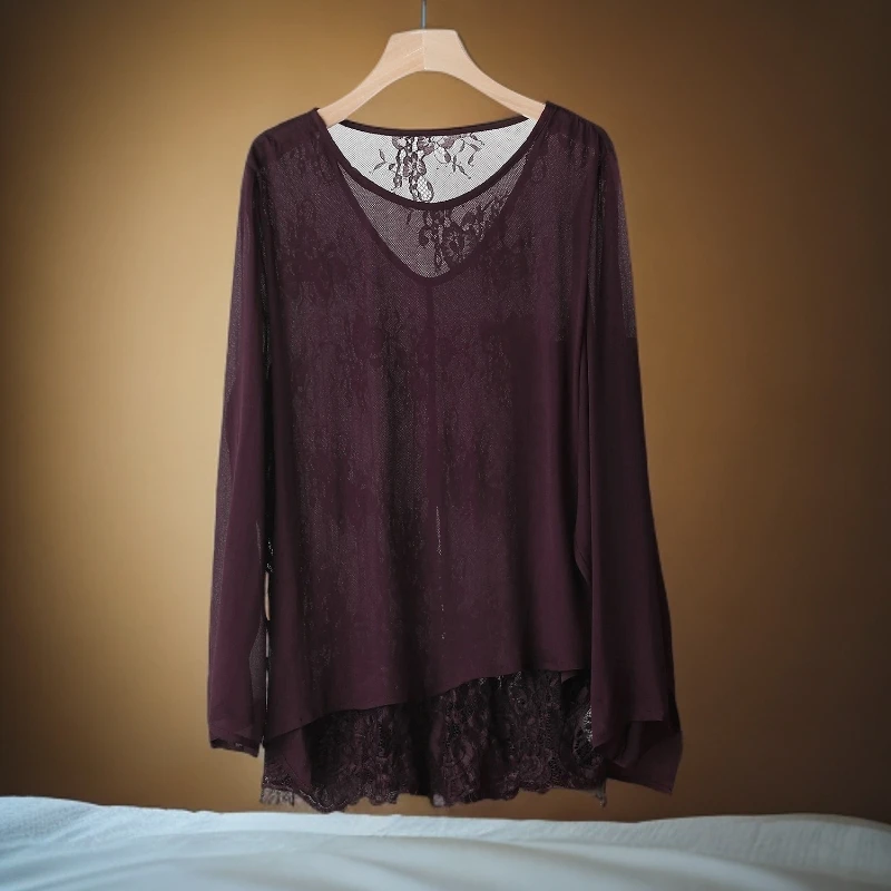 木子李真丝皱拼接蕾丝圆领长袖衬衫宽松洋气防晒上衣假两件罩衫女