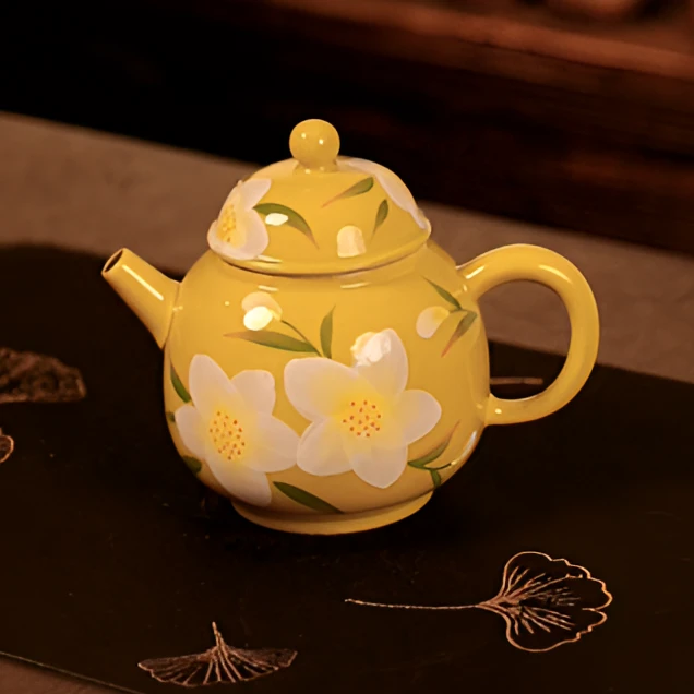 桃悦春景系列桃花明黄亮面釉釉下彩纯手绘泡茶壶陶瓷茶具宫灯壶