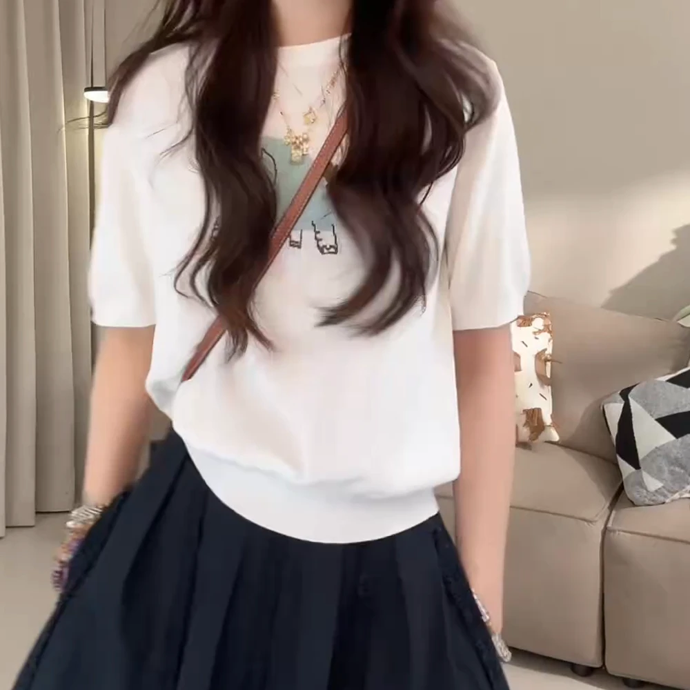 “小象”提花工艺休闲圆领针织衫夏季百搭短袖上衣C5230