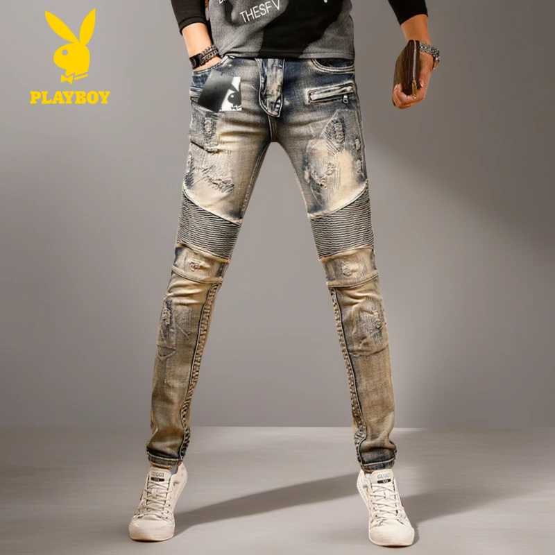 花花公子2025新款牛仔裤男式修身拼接时尚休闲四季裤子微跨嘻哈牛