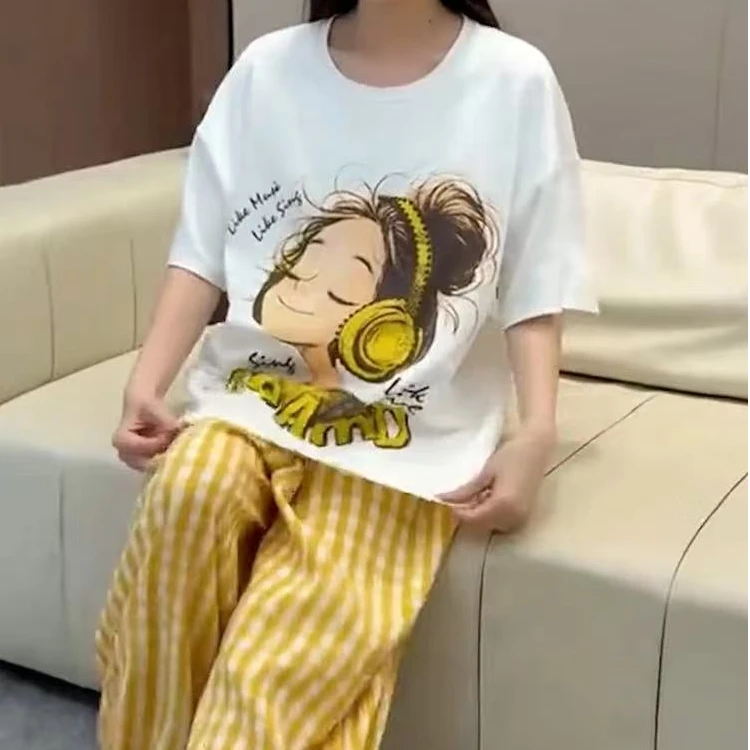 711新款带胸垫云朵棉绸睡衣女夏季短袖长裤卡通甜美家居服两件套